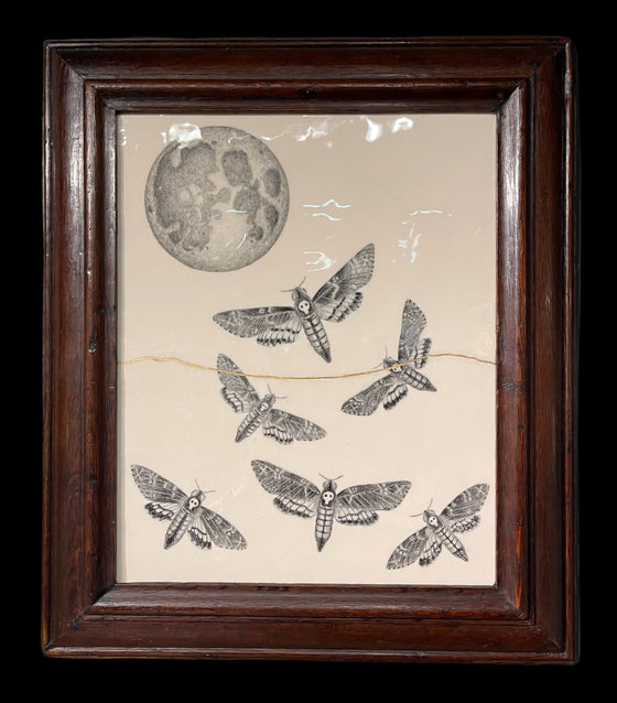 Death's head moths under a full-moon, presented in a hand-carved Welsh oak frame, circa 1800, with 23.75 carat gold kintsugi